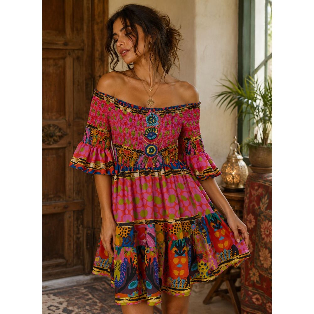 summer Boutique Smocked Boho Mini Dress Pink Colorful Beaded Peasant Dress S
